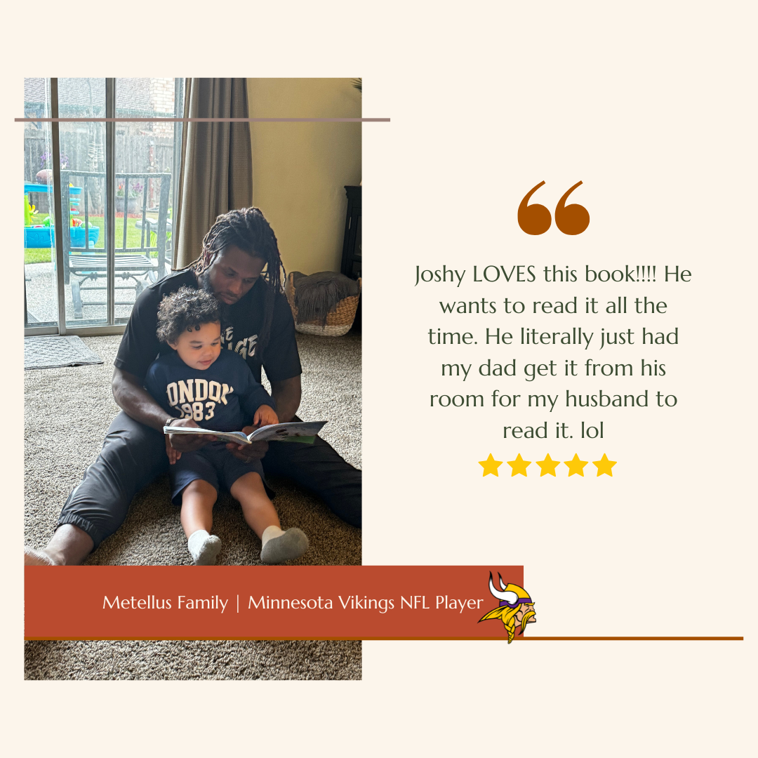 A man with long dreadlocks and a young boy sitting on a carpeted floor reading a children's book together, near a sliding glass door with a backyard view. The right side contains a quote about the boy loving a book, five gold stars, and a logo of the