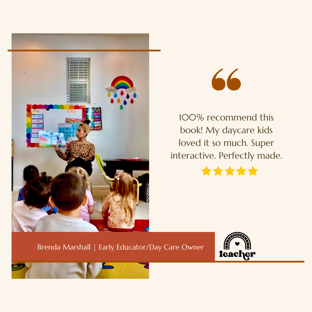 A teacher reading a book to a group of young children in a classroom with colorful decorations, including a rainbow and cloud with raindrops on the wall.