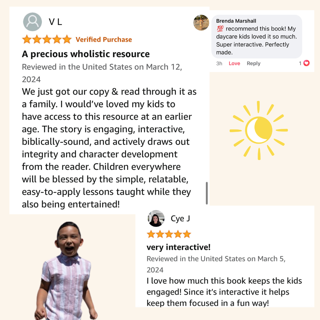 Screenshot of online reviews of a children's book, including star ratings, a comment from Brenda Marshall praising the book, a sun and moon illustration, and a smiling child wearing a pink and white striped shirt.