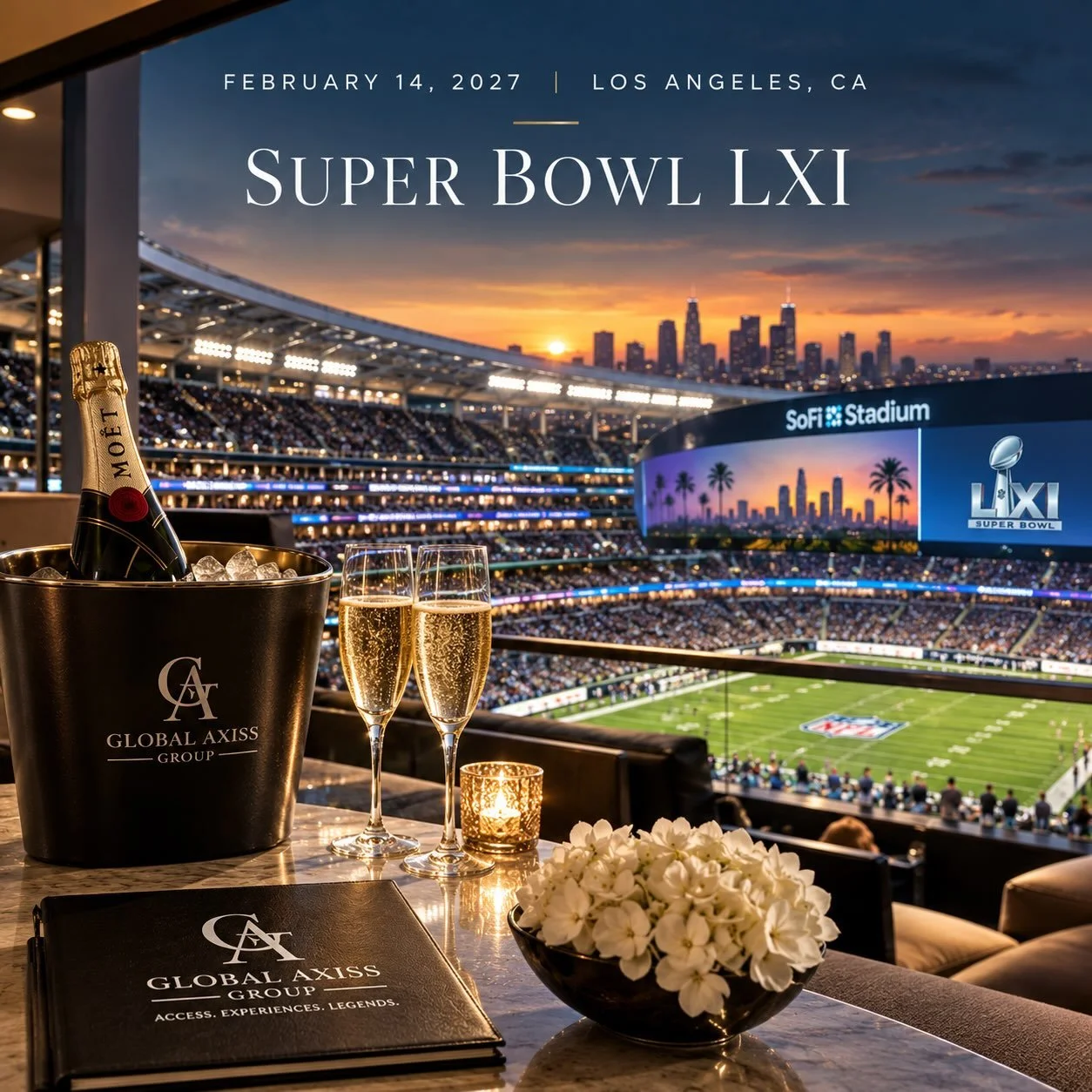 🏈 SUPER BOWL LXI &mdash; FEBRUARY 14, 2027

The biggest game. The ultimate weekend.

Super Bowl LXI comes to Los Angeles, and Global Axiss Group puts you at the center of it all.

Premium game-day access. Luxury accommodations. Private events. VIP h