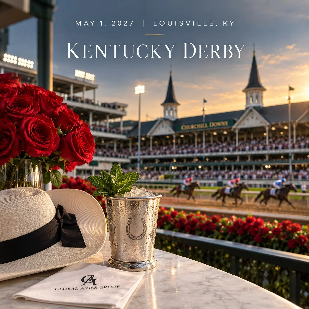 🐎 KENTUCKY DERBY &mdash; MAY 1, 2027

The fastest two minutes in sports deserve an unforgettable weekend.

The roses. The fashion. The juleps. The tradition. And the unmistakable energy of Derby Day at Churchill Downs.

Global Axiss Group brings you