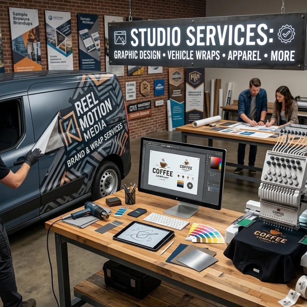 A photo of a car wrap customization workshop, showing a person applying a graphic design to a dark gray van with a reel motion media branding. There are design tools, color samples, and computer monitors displaying design work on the wooden tables. In the background, two people are working on a large table near a sign that reads 'Studio Services: Graphic Design, Vehicle Wraps, Apparel, More.' The workshop has a brick wall with framed posters and banners related to branding and mockups.