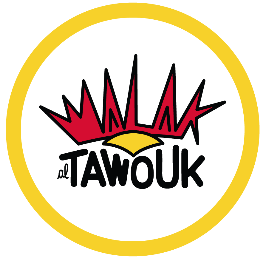 Logo for TAWOUK with a red crown and yellow details, black text reading 'al TAWOUK' inside a white circle with a yellow border.