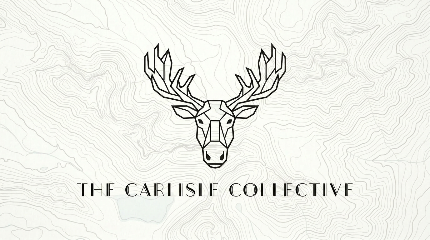 A stylized line drawing of a deer's head with large antlers overlaid on a topographical map background, with the text 'The Carlisle Collective' below.