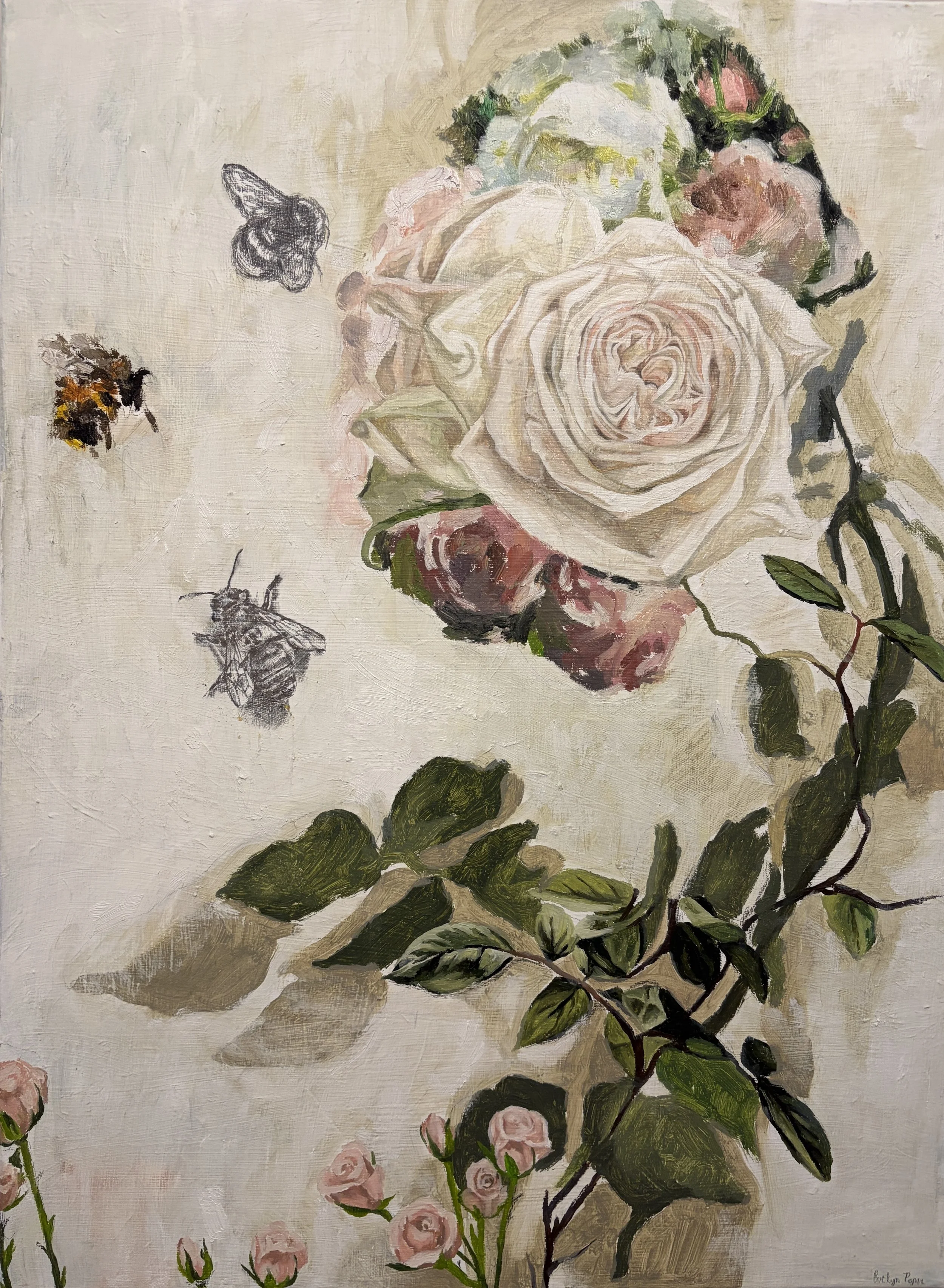 A floral still life painting featuring a large pink rose, smaller pink roses, greenery, and bees flying around the flowers.