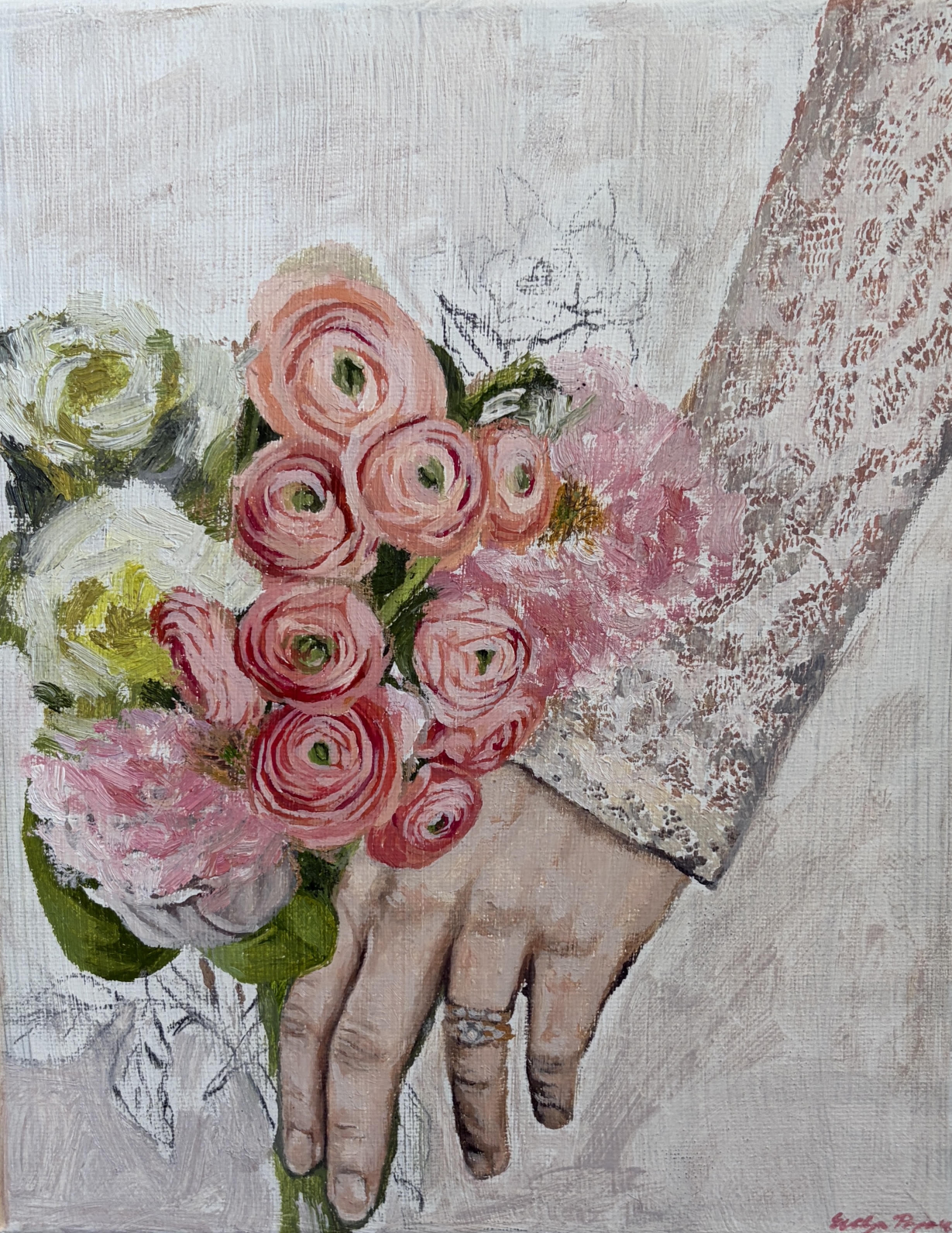 A painting of a bouquet of pink, white, and yellow flowers being held by a hand with a wedding ring, with a delicate lace fabric in the background.