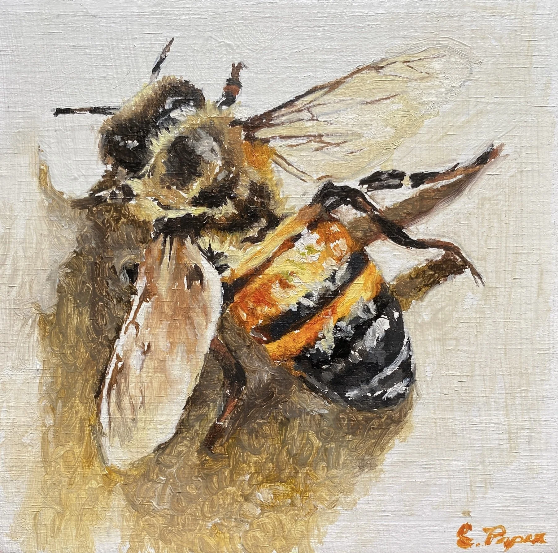 Close-up of a honey bee on a flower, painted with thick brushstrokes in an impressionistic style.