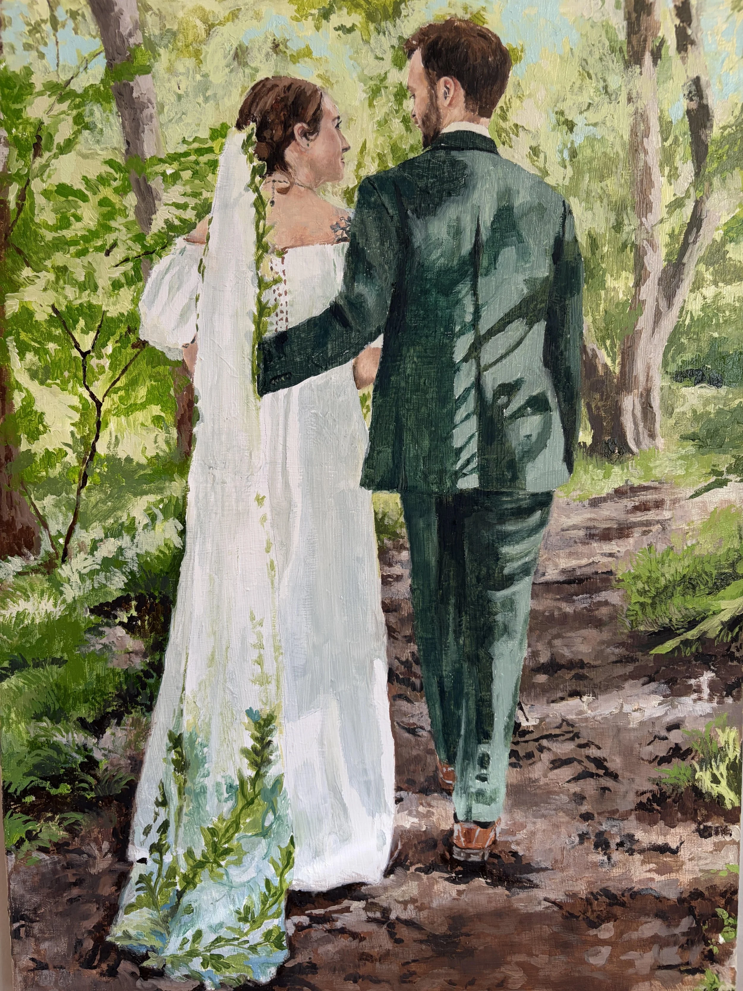 Painting of a bride and groom holding hands, standing outdoors among trees and greenery, with the bride in a white wedding dress and veil, and the groom in a dark green suit.
