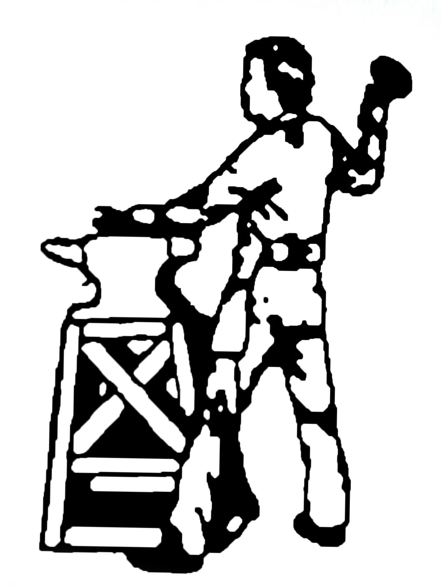 Howell Tool and Forge Logo. Man swinging hammer into anvil stand wearing apron.