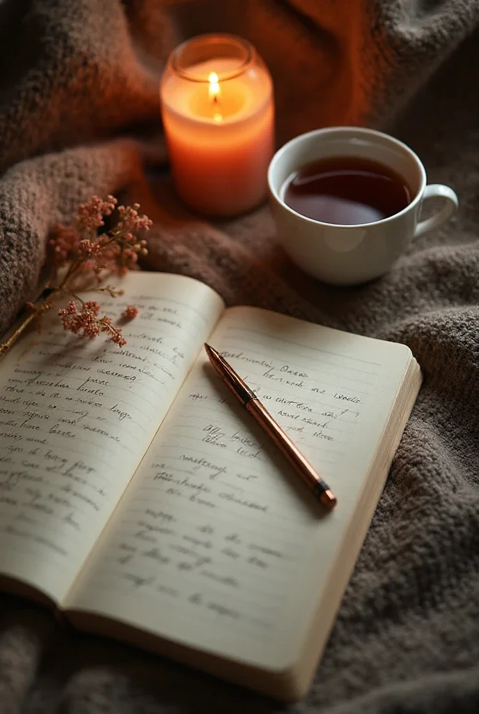 Open notebook with handwritten notes, a gold pen resting on it, a white cup of tea or coffee, a lit candle, and pink flowers on a cozy textured blanket.