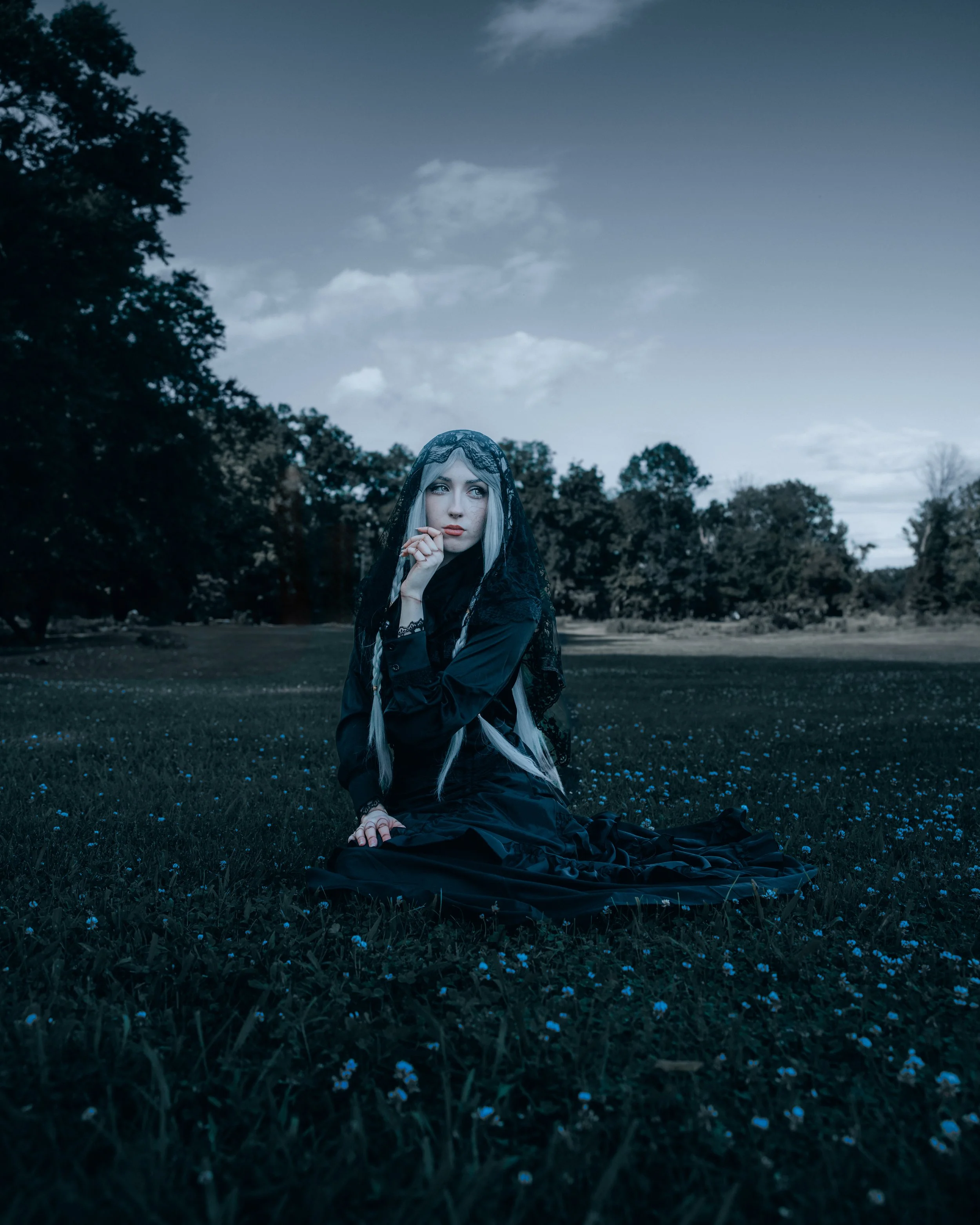 A young woman with long, light-colored hair and pale skin sits on a grassy field with small blue flowers. She is wearing a black lace veil over her head and shoulders and a black dress. Her hand rests near her face, and she gazes thoughtfully into th