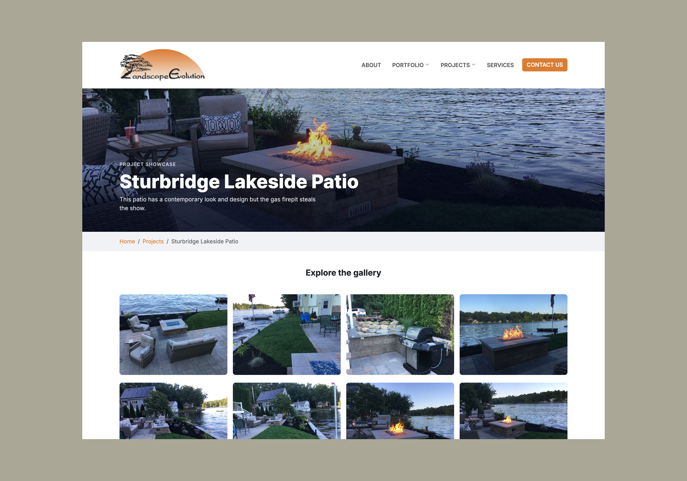 Website homepage showcasing a lakeside patio project with a firepit, outdoor seating, and water view.