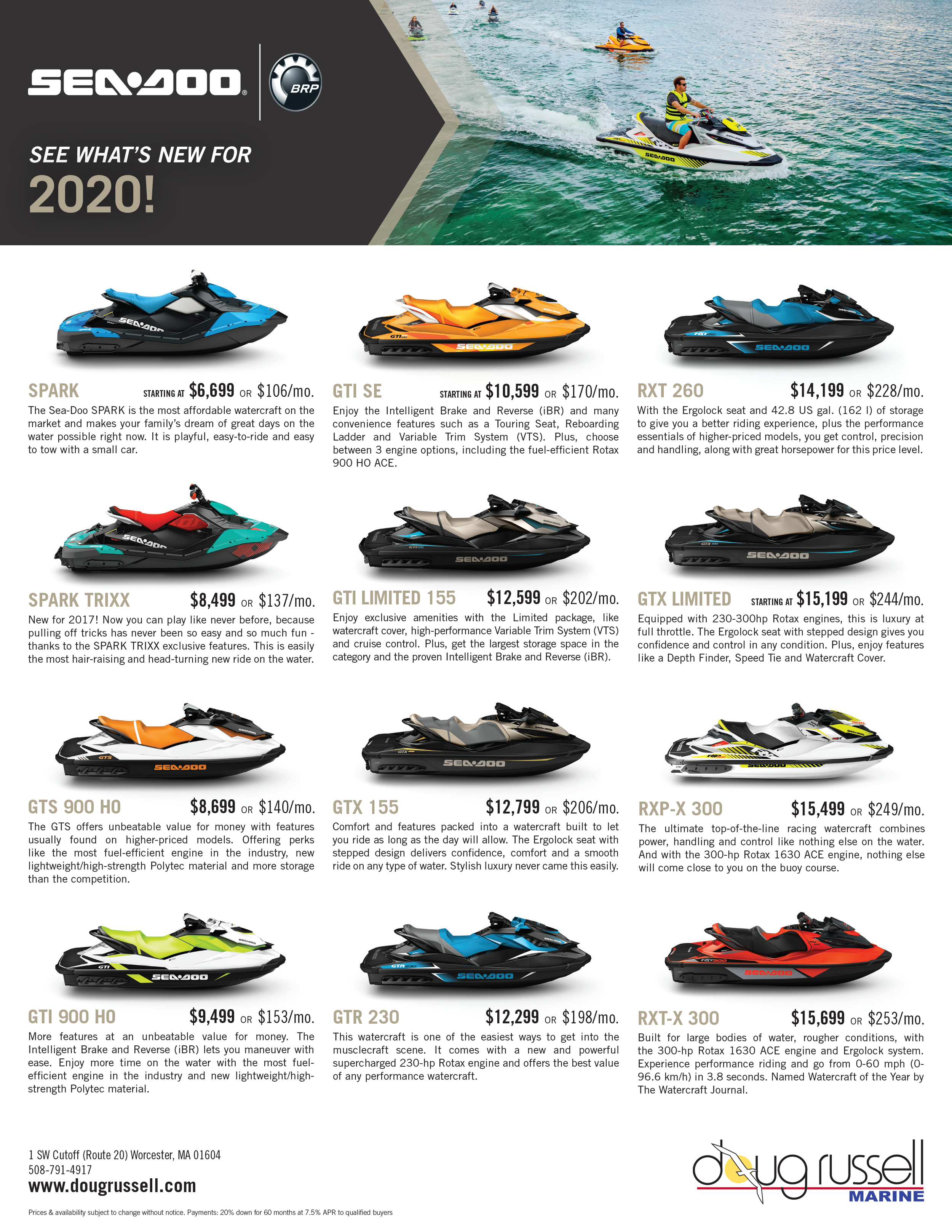 Advertisement for Sea-Doo personal watercraft with multiple models shown and prices listed. The top part features people riding jet skis on the water, with a new Sea-Doo model in yellow, and a dark gray banner with the Sea-Doo logo and text 'See What's New for 2020!'