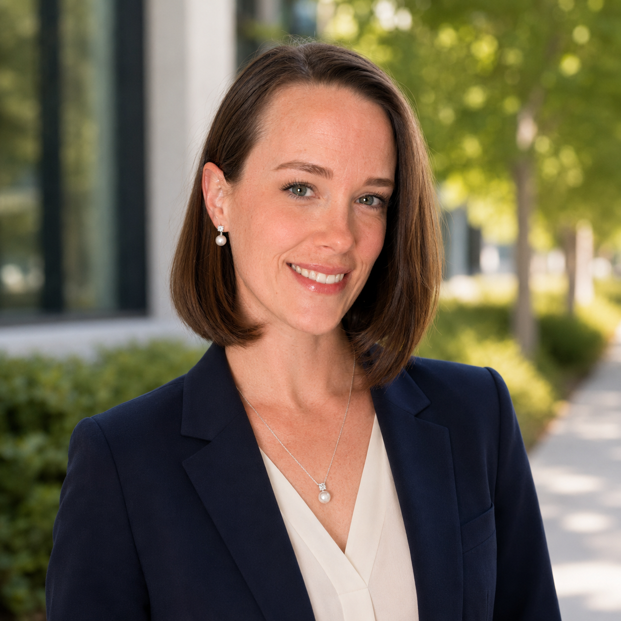 A smiling woman with shoulder-length brown hair, wearing a navy blazer, white blouse, pearl earrings, and a pearl necklace, outdoors with green trees and a sidewalk in the background.