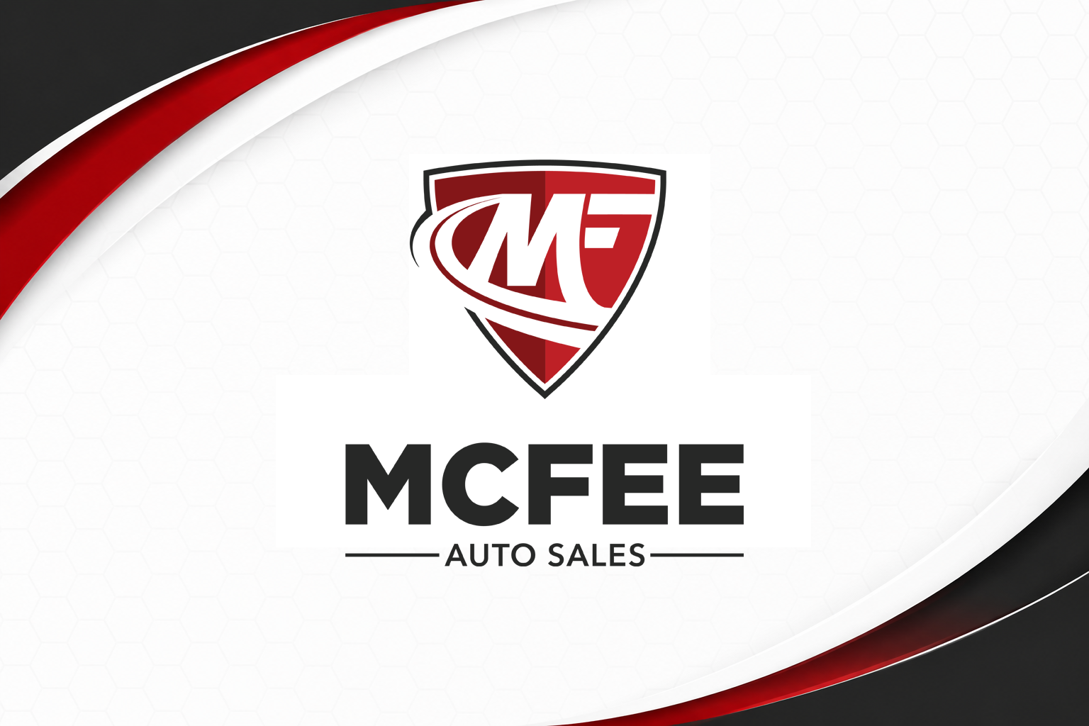McGee Auto Sales logo with a shield emblem featuring the letter M, with red, black, and white colors on a white and black background with red accents.