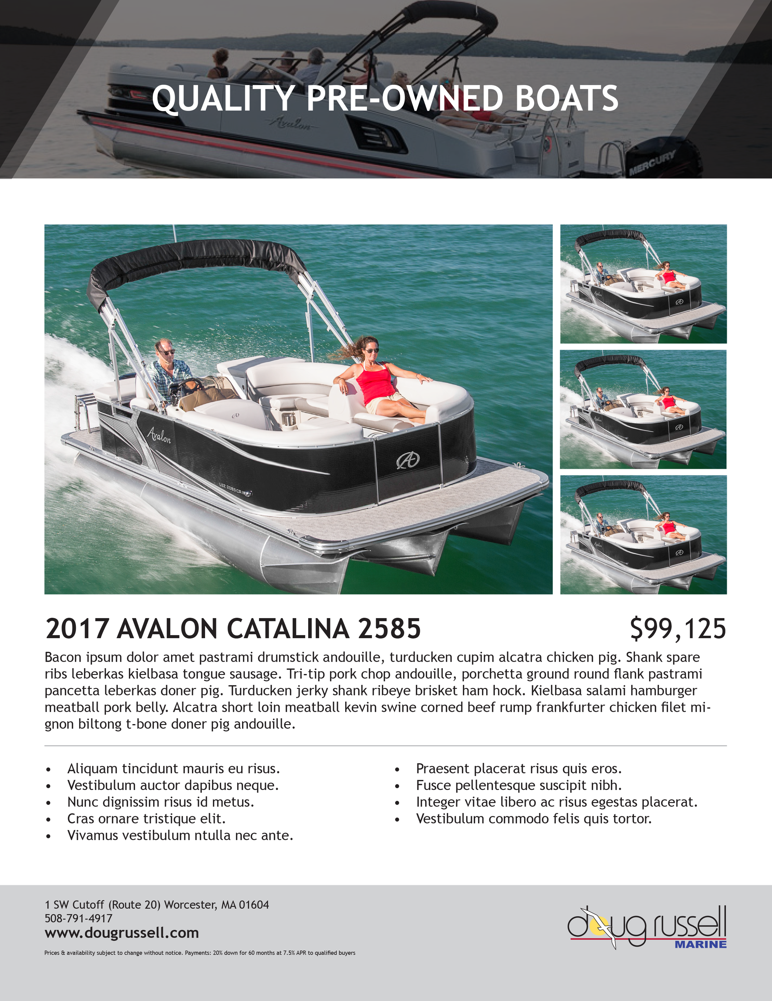 Advertisement for pre-owned boats, featuring the Avalon Catalina 2585 model, priced at $99,125. The ad includes images of the boat on water with people onboard, and details about the boat's features and specifications. The bottom section contains contact information for Doug Russell Marine, located in Worcester, MA.