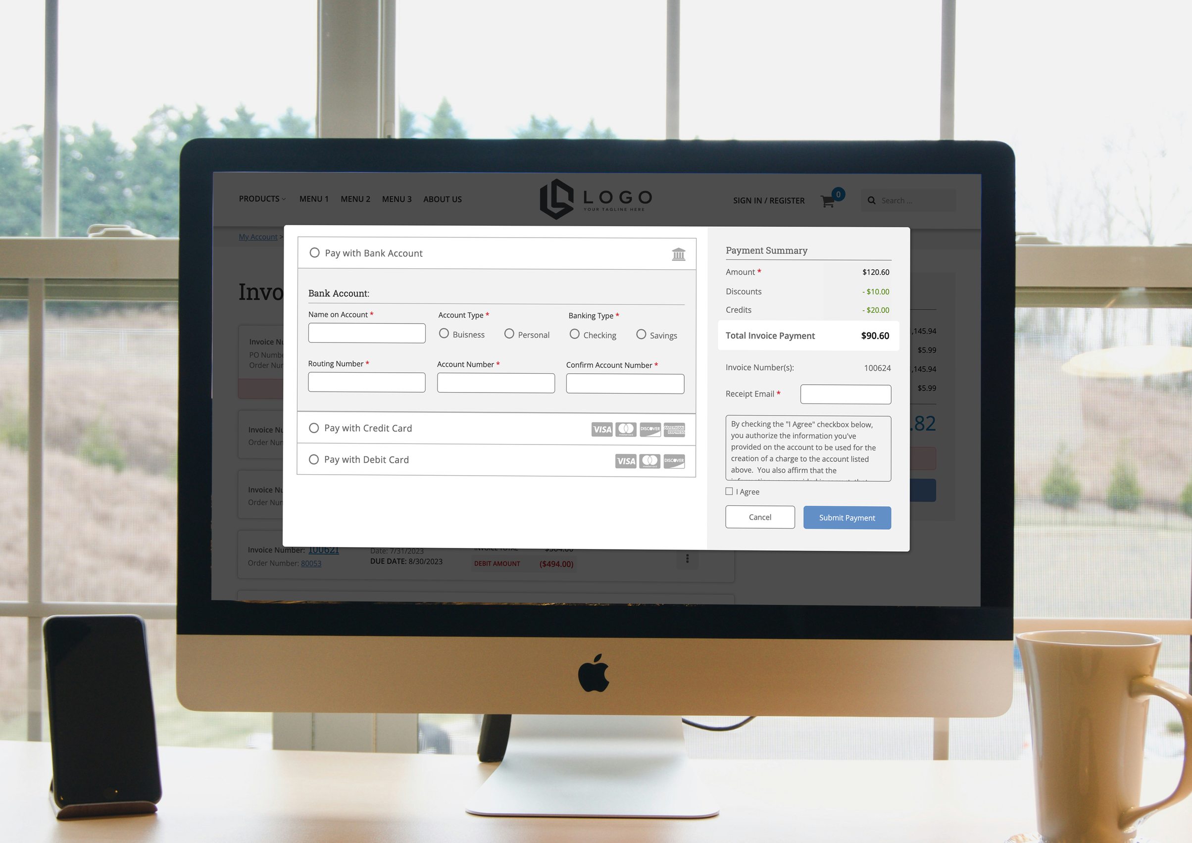 An Apple iMac computer screen displaying a payment form for an online invoice. The form includes options for paying via bank account, credit card, or debit card, with fields for bank details and a payment summary on the right side.