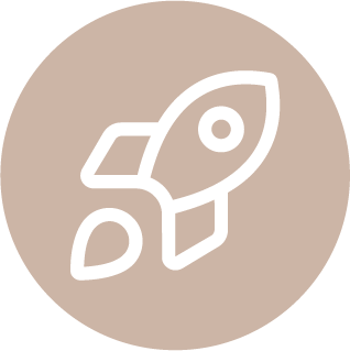 Simple line drawing of a rocket ship on a beige circular background.