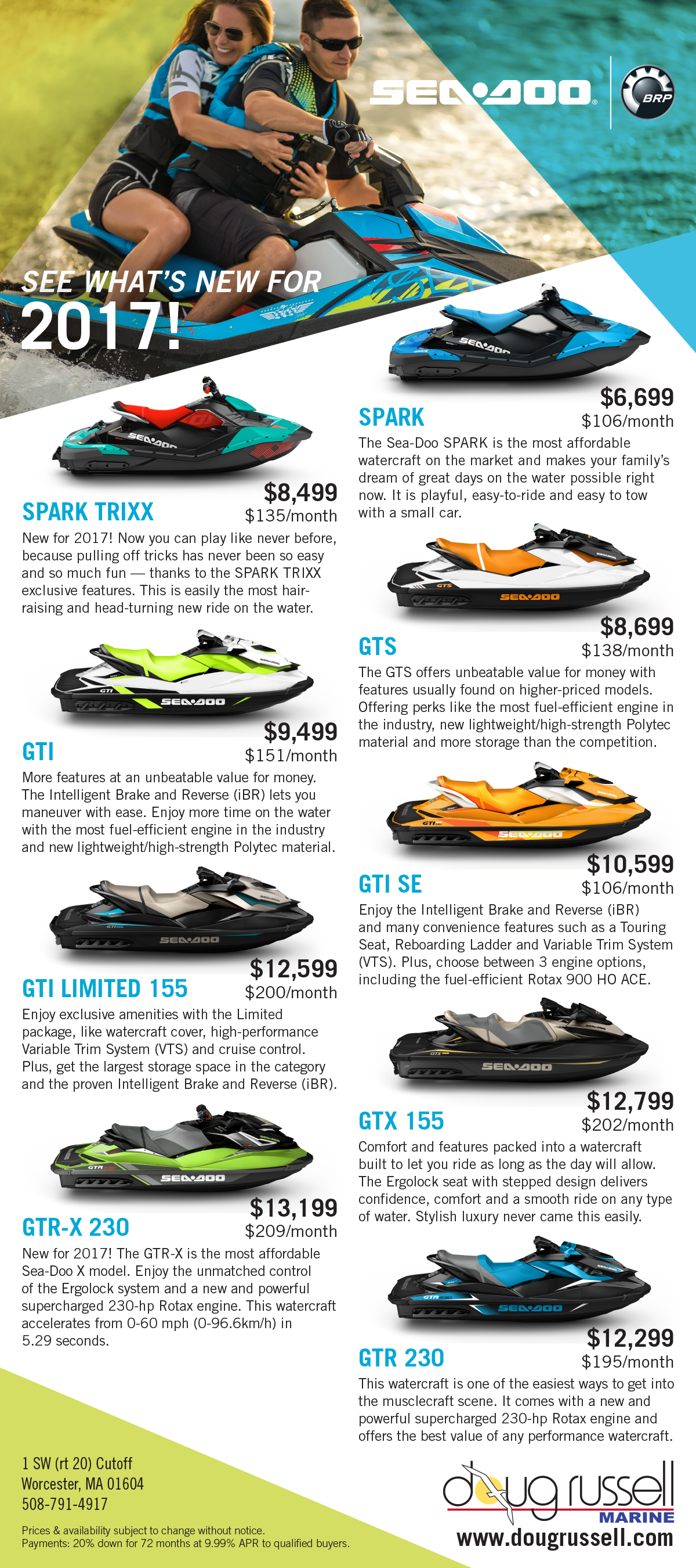 Two people riding a Sea-Doo jet ski together on a lake, smiling and wearing life jackets, with a promotional flyer for Sea-Doo 2017 models and prices next to the image.