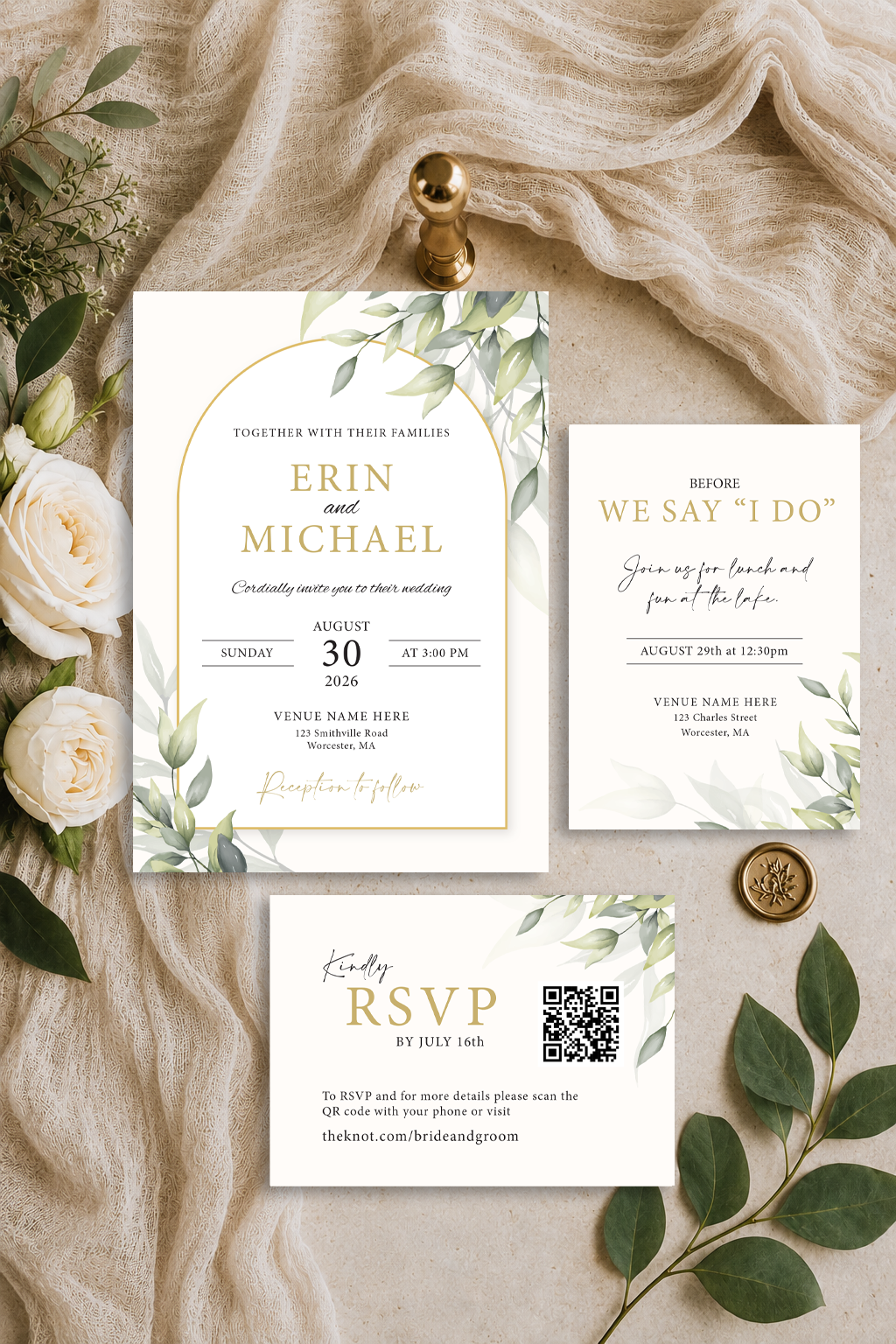 Elegant wedding invitation suite with floral and foliage design, includes details for the wedding of Erin and Michael on August 30, 2026, and a separate RSVP card with a QR code, set against a neutral fabric background with white roses and green leaves.