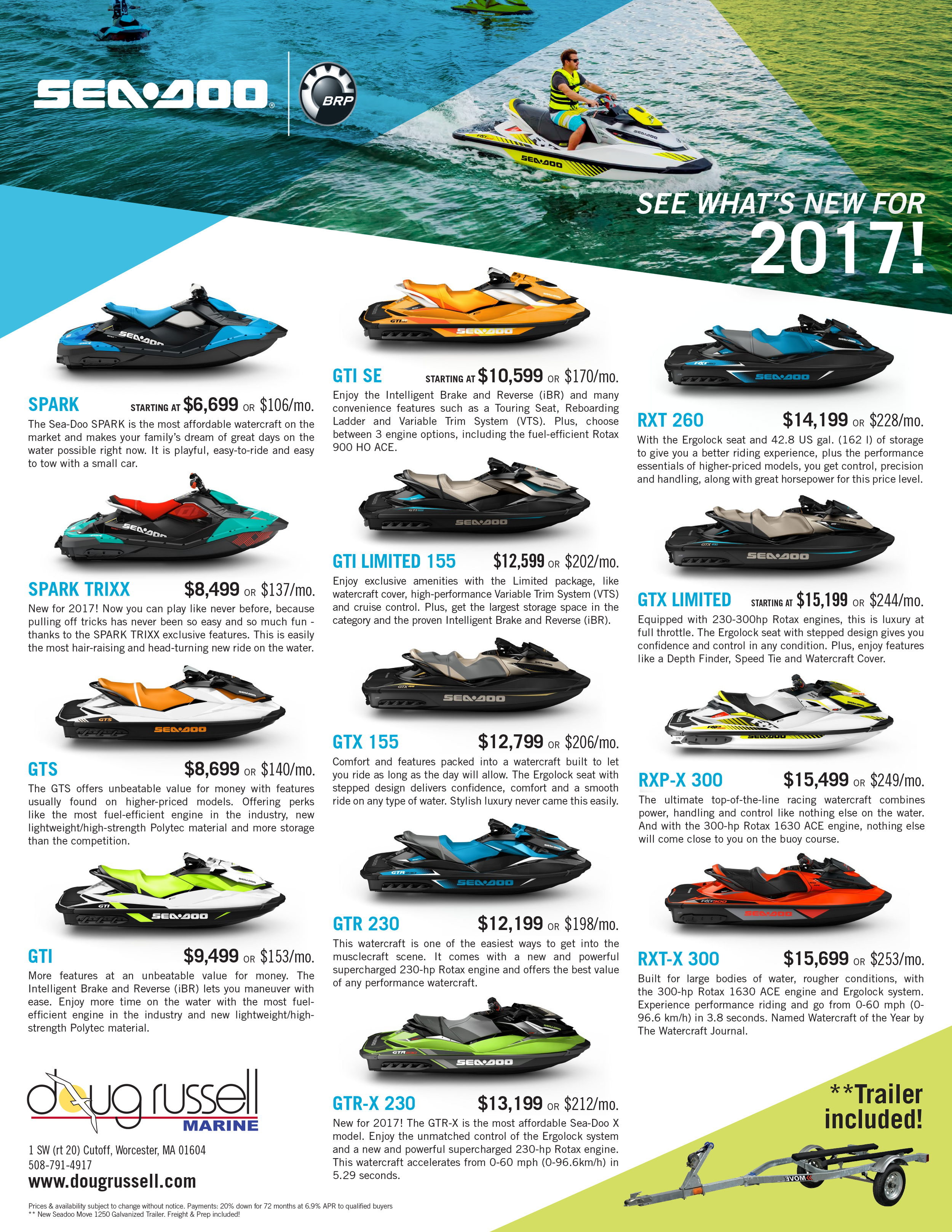 Brochure showcasing various Sea-Doo personal watercraft models from 2017, including Spark, GTI SE, RXT 260, Spark Trixx, GTI Limited 155, GTR 155, GTX Limited, GTR 230, and RXP-X 300, with prices, features, and a large image of a person riding a Sea-Doo jet ski on the water.