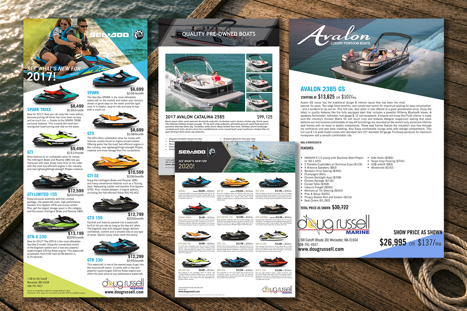 Three boat sale flyers spread on a wooden dock near water. The flyers feature images, prices, and descriptions of various pontoons and jet skis, with contact information for Doug Russell Marine.