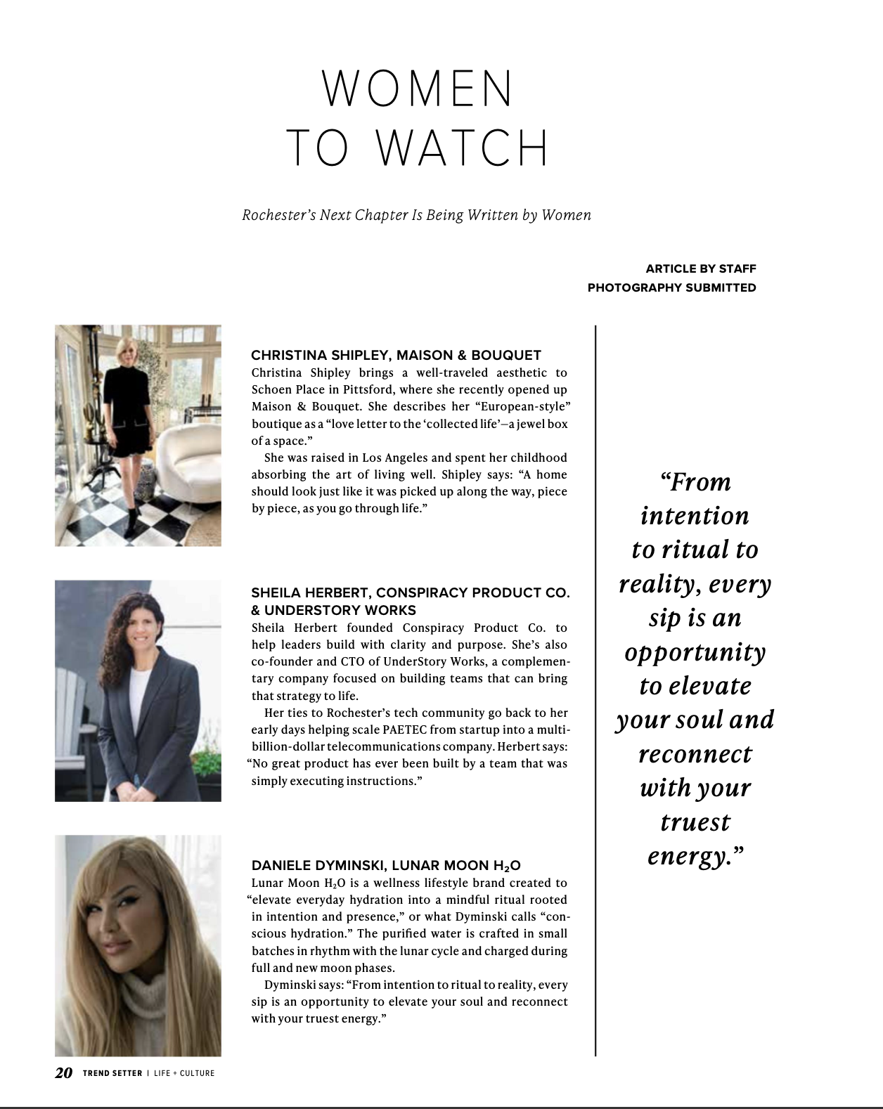 Page from a magazine featuring women to watch, including photos and bios of Christina Shipley, Sheila Herbert, and Daniele Dyminski.