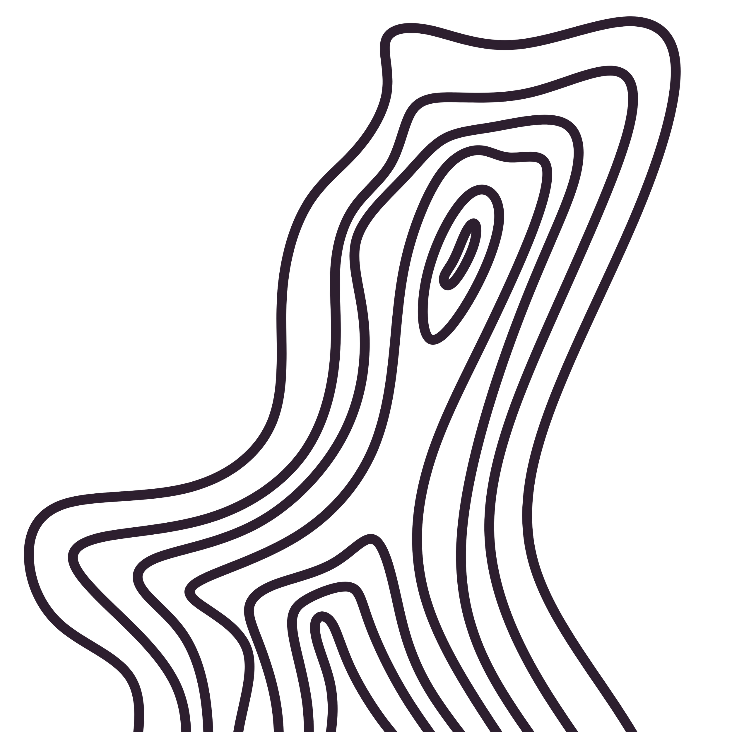 A stylized, abstract topographic map with purple contour lines on a black background.