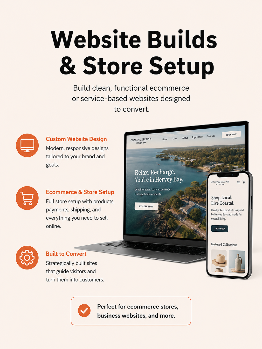Website design and ecommerce store setup services by Reeves Digital, featuring responsive website builds, Shopify store setup, and conversion-focused online business solutions