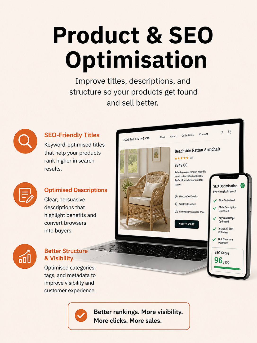 Product and SEO optimisation services by Reeves Digital, featuring ecommerce product title optimisation, SEO descriptions, metadata improvements, and online store visibility enhancements