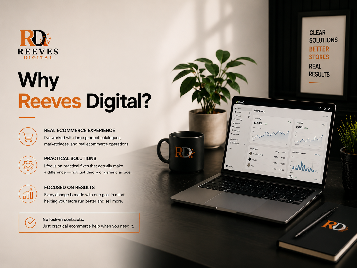 Reeves Digital workspace showcasing Shopify, ecommerce, SEO, and website optimisation services for online business growth