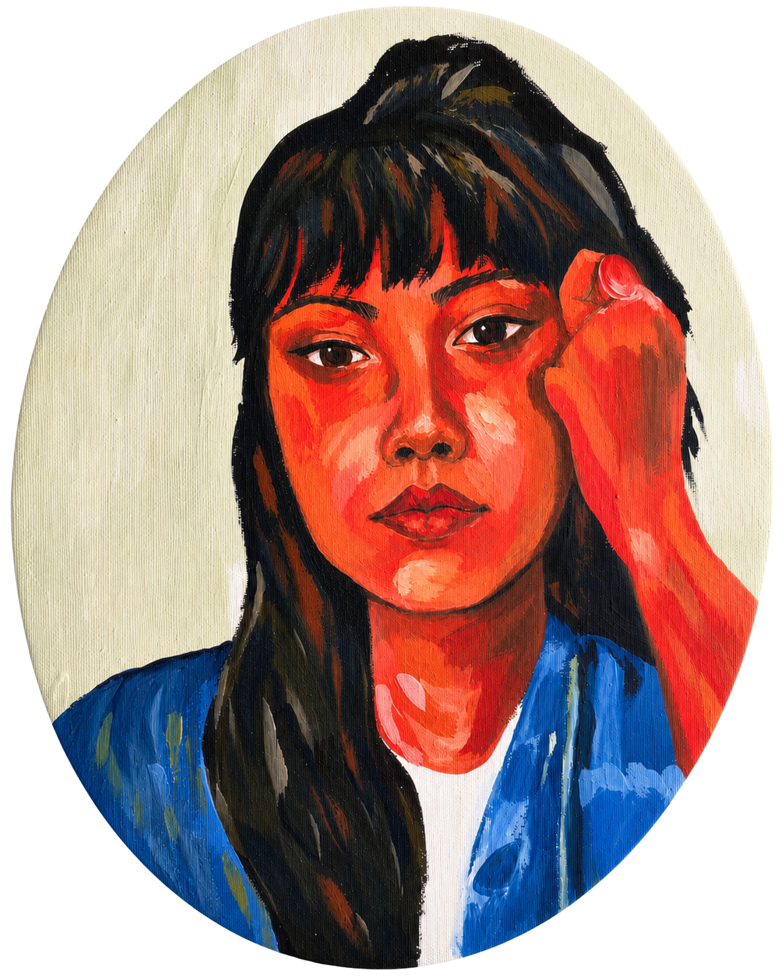 A painting of a woman with long dark hair and bangs, touching her eye with her rainbow-colored hand, wearing a blue jacket.