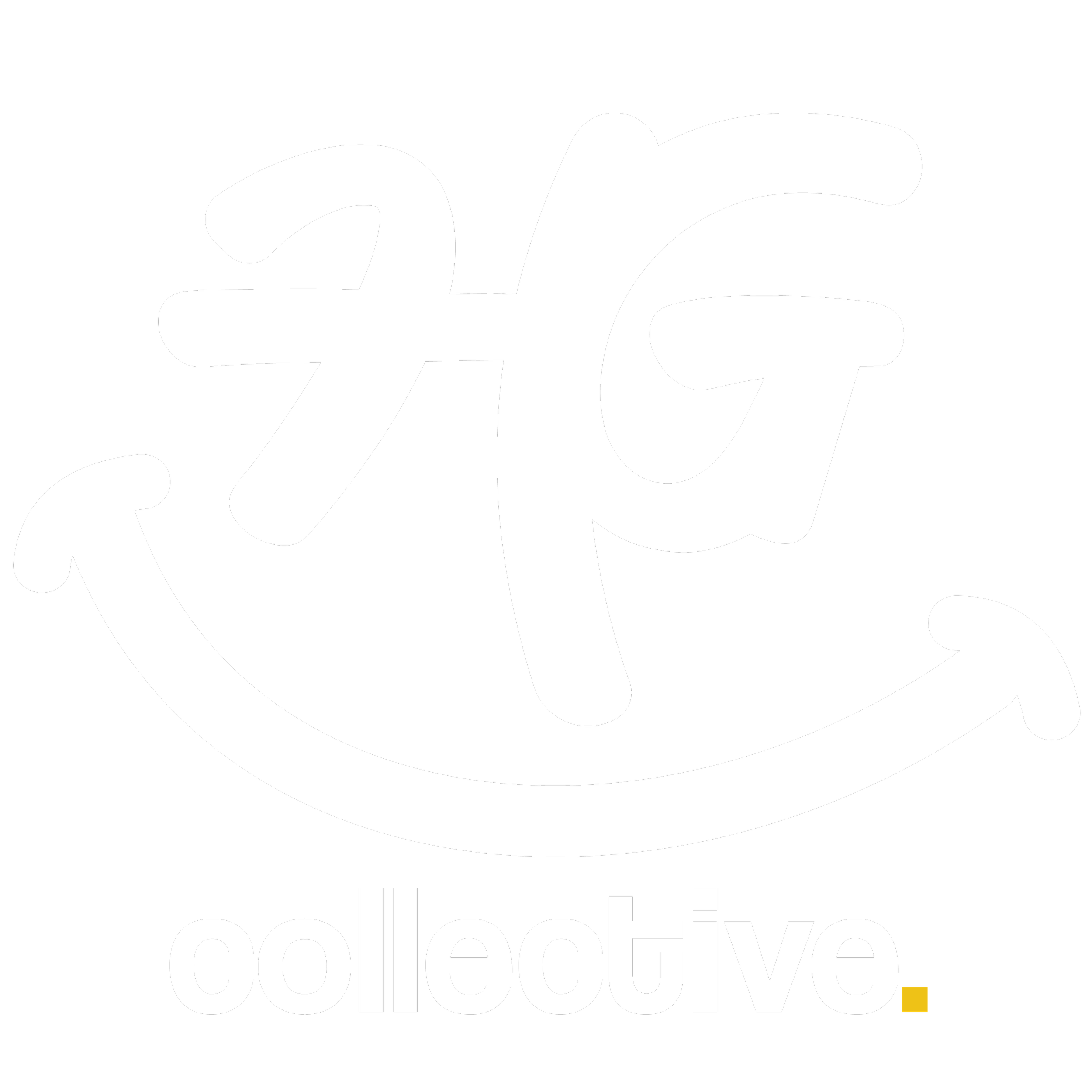 Black background with a white swirl logo and the words 'collective' in large, white sans-serif font with a small yellow accent.
