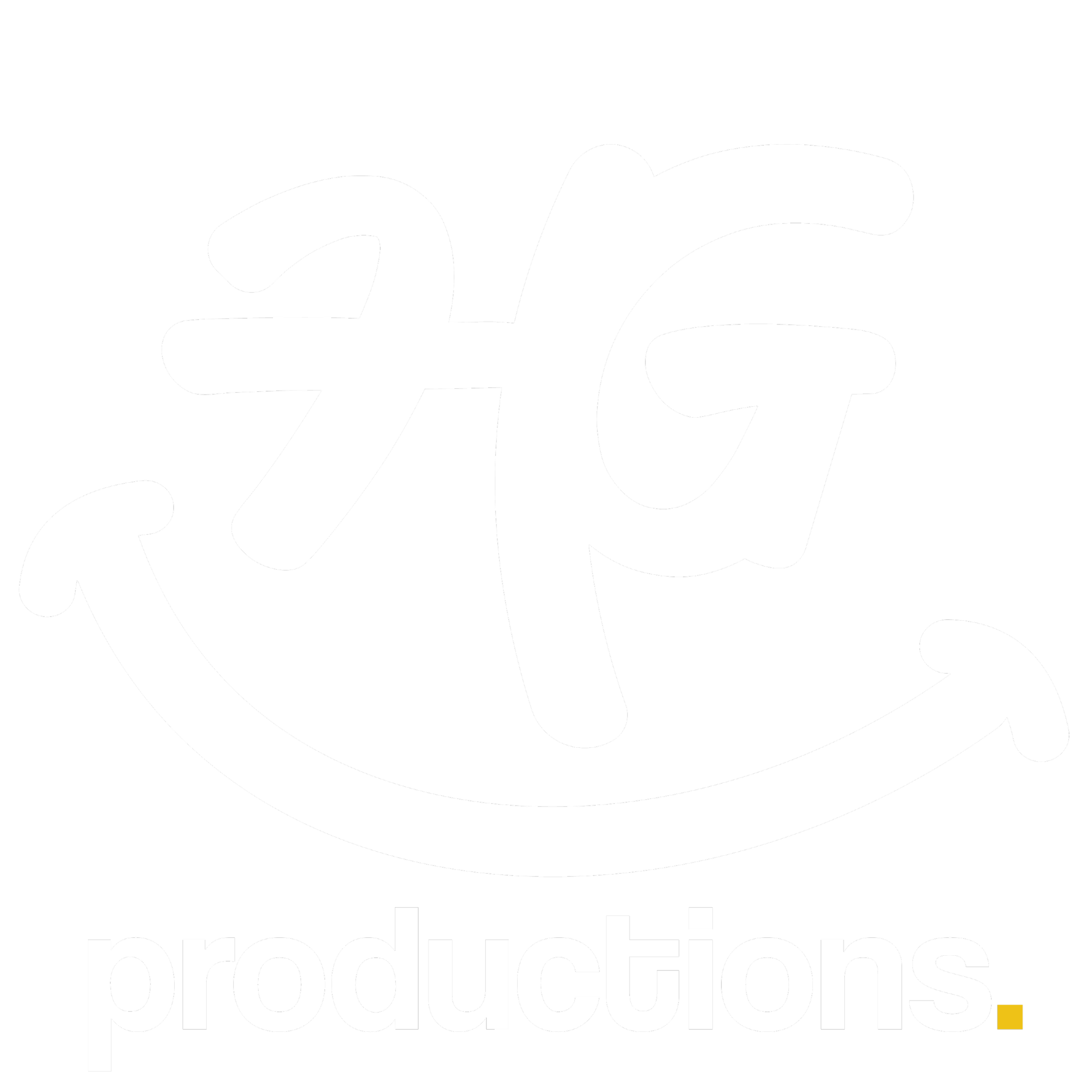 Black background with white text that reads 'production' and a stylized white graphic design.