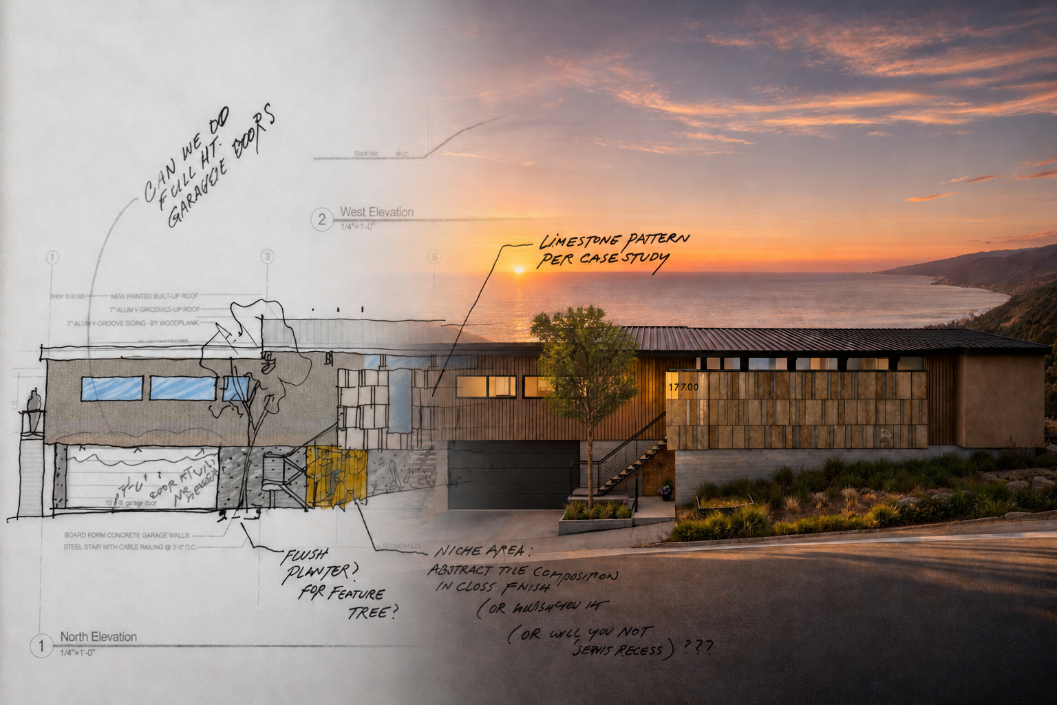 A house with a modern design is shown in the foreground, partially overlaid with a hand-drawn architectural sketch, with a sunset over the ocean in the background.