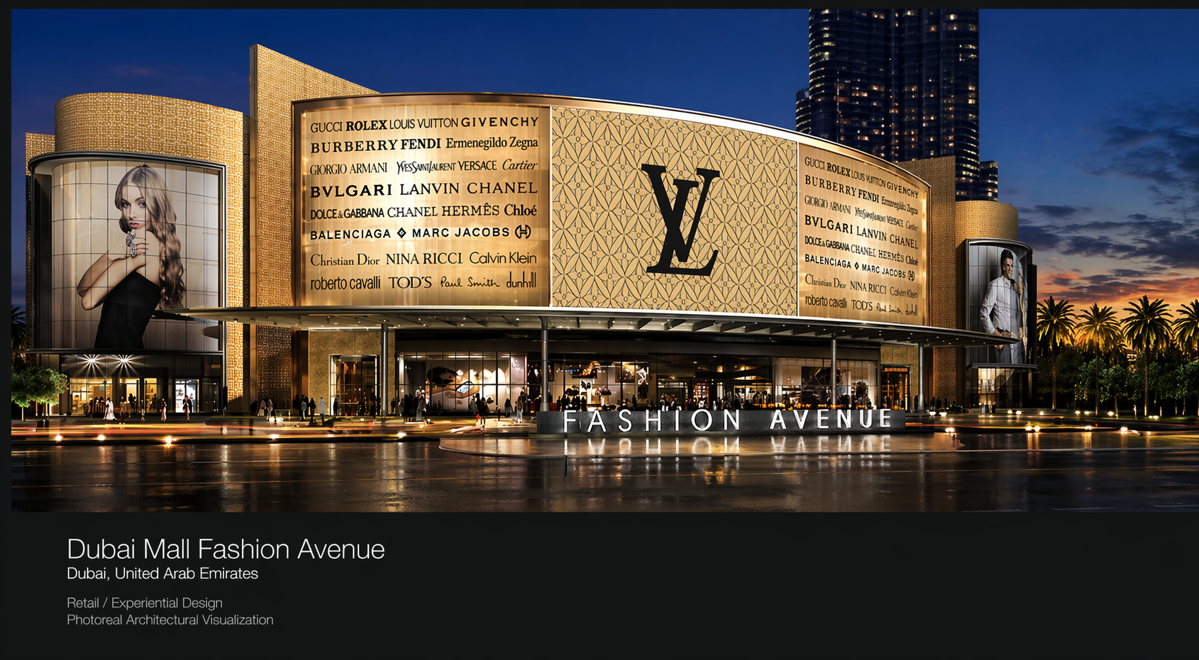 Nighttime exterior view of Dubai Mall Fashion Avenue, showing a large illuminated building with luxury brand signs and digital advertisements, palm trees, people walking, and a street in front.