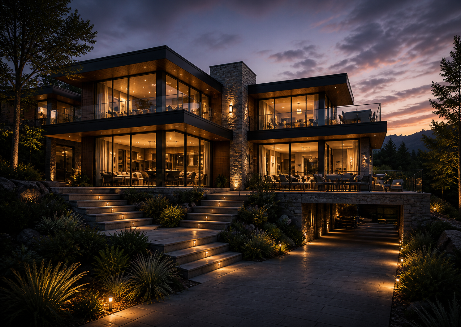 A modern multi-story house illuminated at dusk, with large glass windows, outdoor seating areas, and stone accents, surrounded by landscaped greenery and mountain views.
