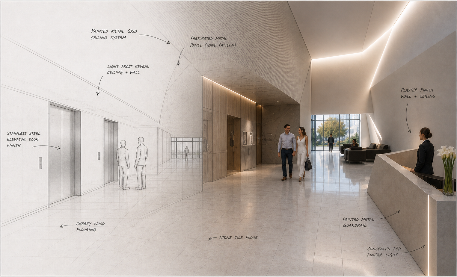 A modern lobby with a mix of an architectural sketch and a rendered photo. The left side shows a wireframe drawing of an elevator area, labeled with details like stainless steel elevator doors, painted metal grid ceiling, and cherry wood flooring. The right side shows a real, completed section with a reception desk, a woman standing behind it, and three people walking or sitting in the lounge area near large windows. The ceiling has subtle LED lighting, and the floor is made of stone tiles.