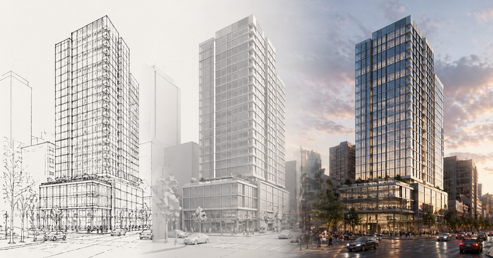 Progression of architectural design of a modern high-rise building from sketch to finished building, showing the conceptual drawing, rendered model, and completed glass-fronted structure at sunset.