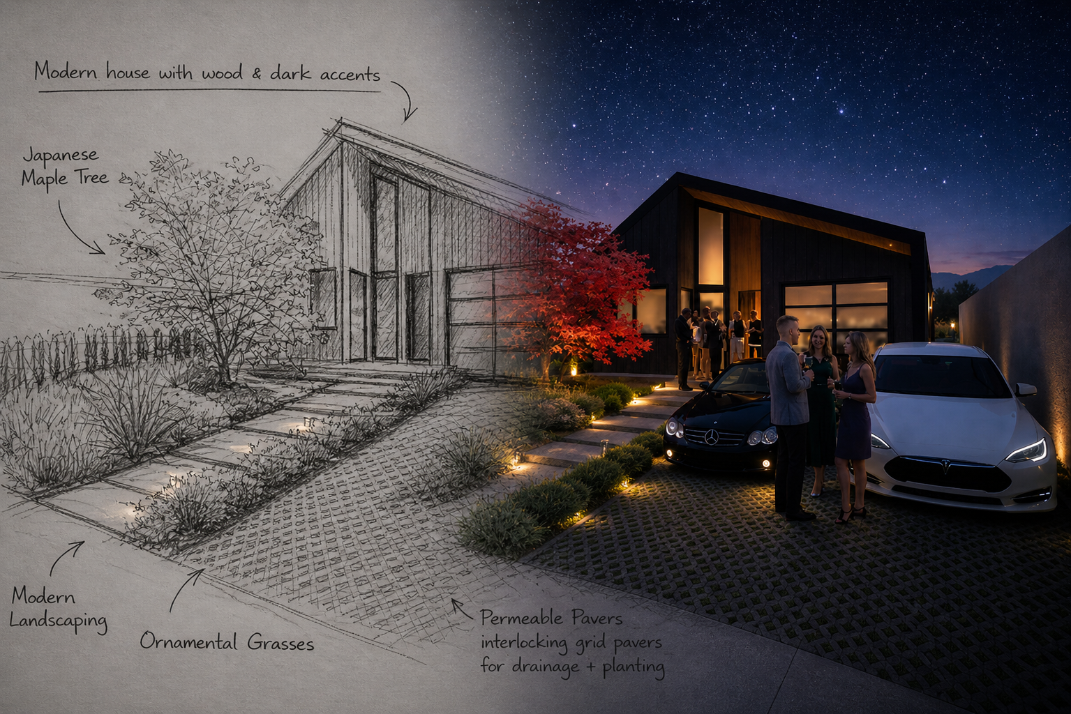 A combination of a hand-drawn landscape blueprint on the left and a photograph of a modern house with people socializing outside at night on the right. The blueprint includes a Japanese maple tree, ornamental grasses, permeable pavers for drainage, and a modern house with wood and dark accents.