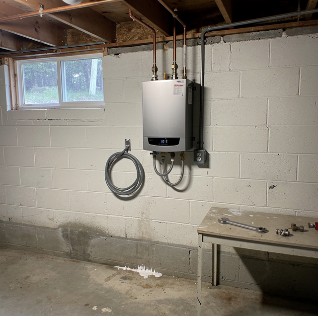 Copper plumbing lines running from wall mounted tankless water heater
