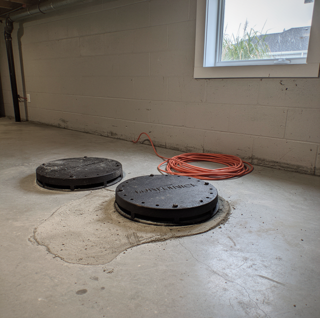 two round cast iron caps set in basement concrete floor