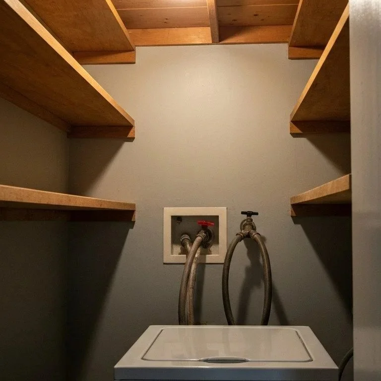 Laundry room with washing machine water supply connections and shutoff valves installed in residential utility closet for leak prevention.