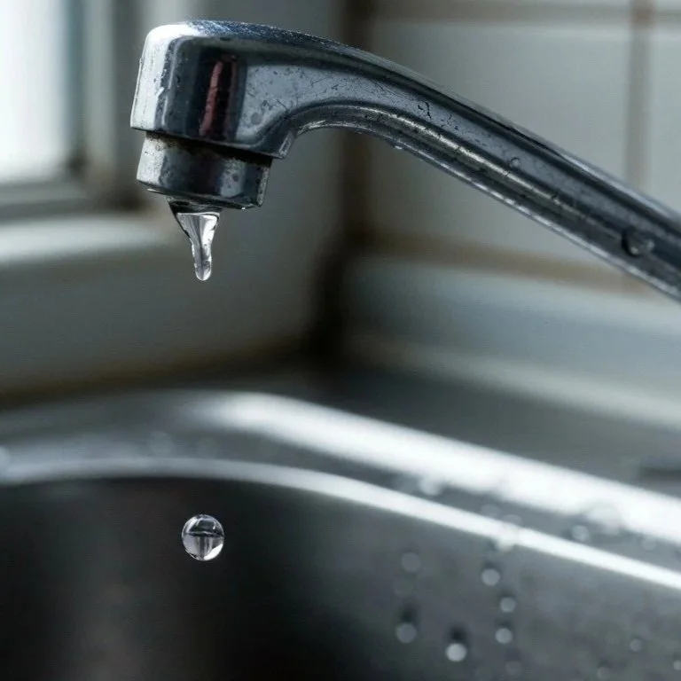 Close-up of leaking kitchen faucet dripping water into sink due to worn internal plumbing components requiring professional repair.