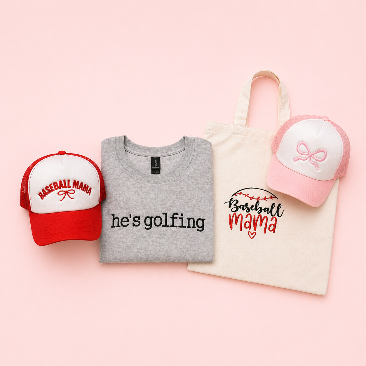 Skip the wait and grab something already made. These pieces are finished, on hand, and ready to go—perfect for last-minute gifts or treating yourself.

This collection includes a mix of embroidered hats, apparel, and accessories, all stitched with th