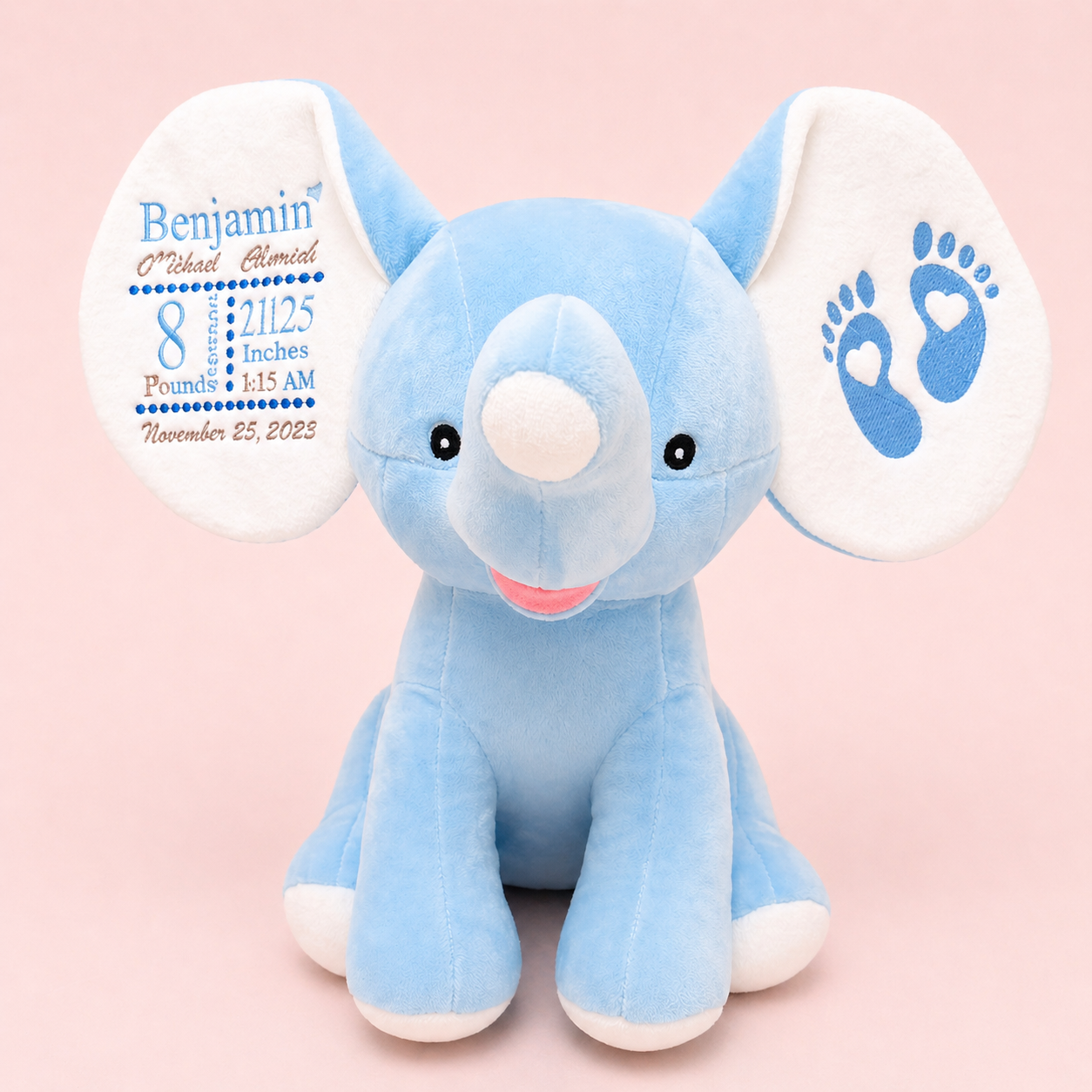 A soft, meaningful keepsake made to celebrate life’s sweetest moments. This plush elephant is customized with your baby’s name and birth details, creating a one-of-a-kind gift that will be cherished for years.

Perfect for baby showers, newborn gifts