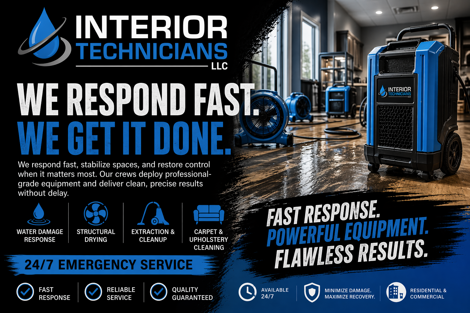 A promotional graphic for Interior Technicians LLC showing emergency response equipment, including dehumidifiers and other devices, with text emphasizing quick response, powerful equipment, and flawless results for water damage response, structural drying, extraction and cleanup, carpet and upholstery cleaning, available 24/7, residential and commercial services.
