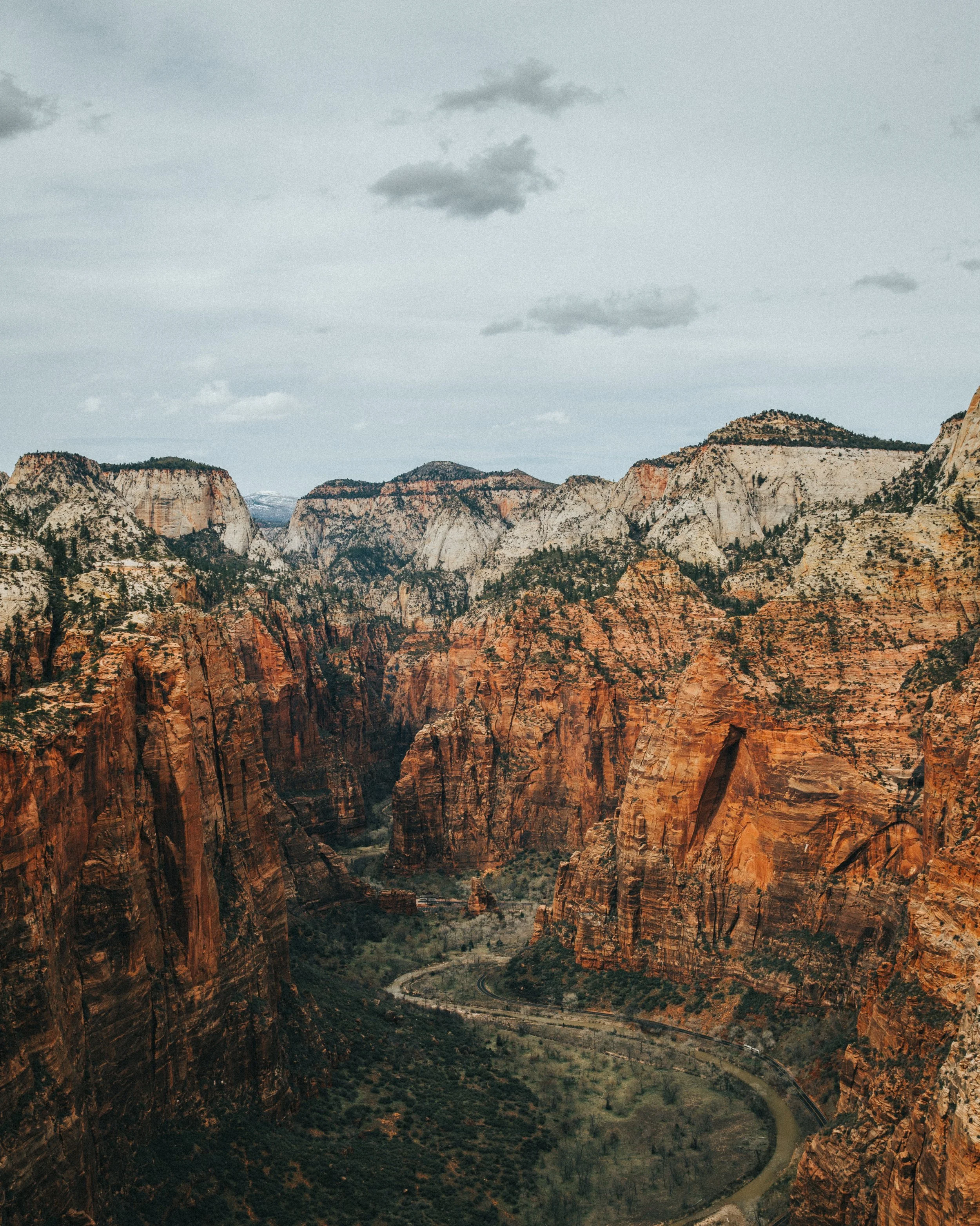 A view of the Grand Canyon with steep orange and brown rocky cliffs, green vegetation, a winding river, and a cloudy sky above.