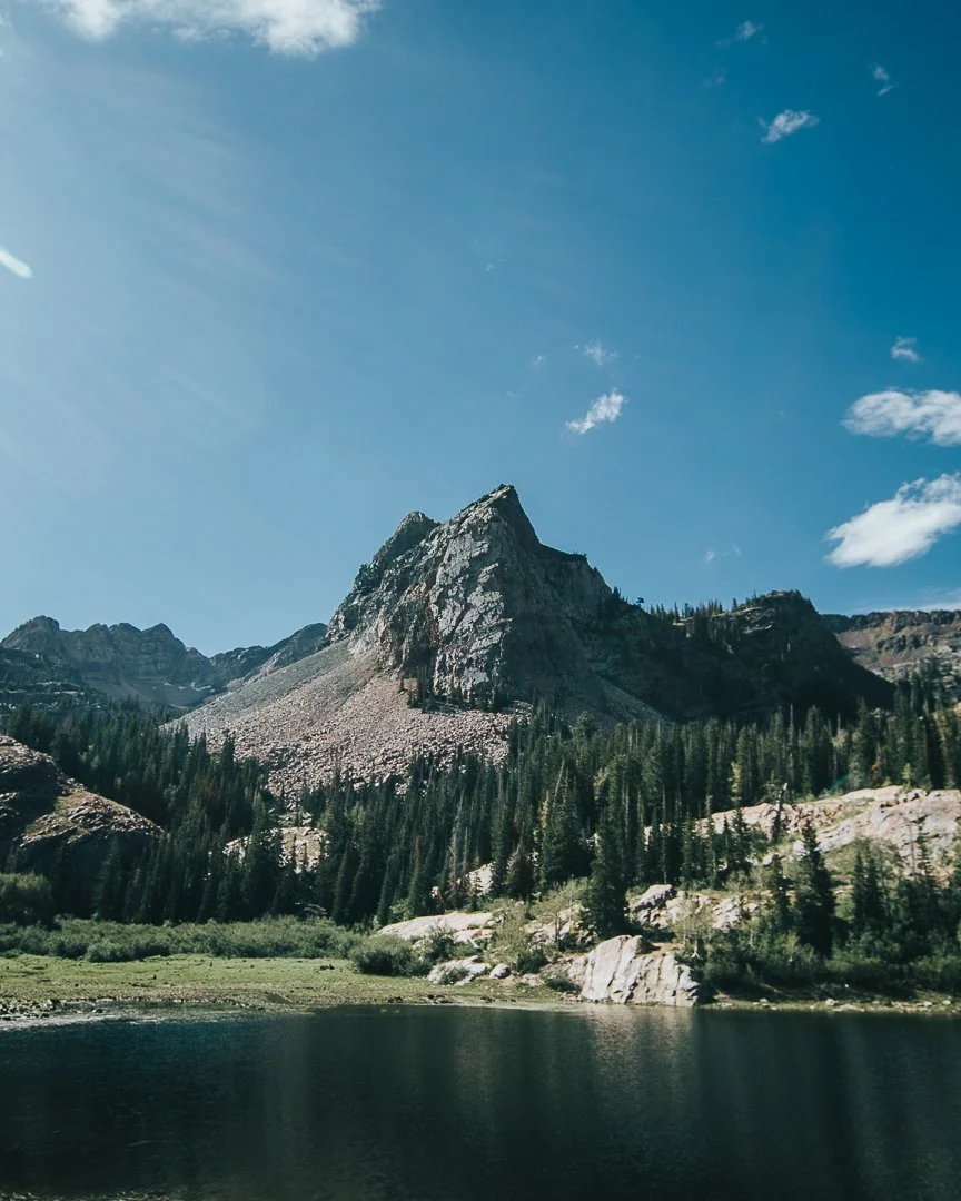 A mountain with sharp peaks surrounded by a forest of pine trees, near a calm lake under a blue sky with some clouds.