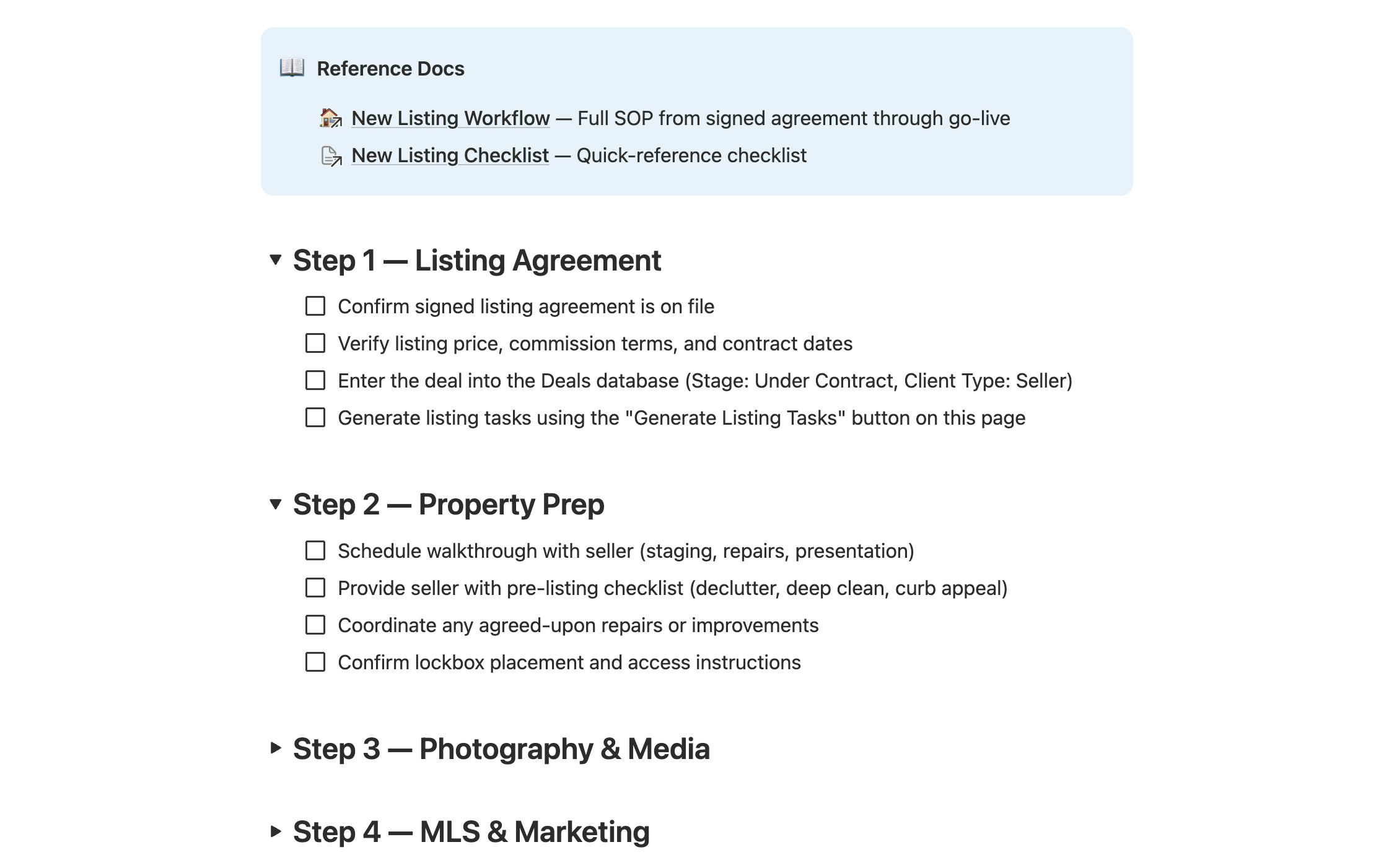 A digital document showing a checklist for a real estate listing process, including steps such as listing agreement, property prep, photography, marketing, and showings.